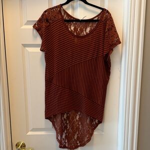 Free People Rust Striped Lace Short Sleeve Top